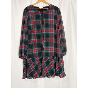 Draper James Plaid Ruffle Shift Dress Red Green Holiday  XXL Chiffon Long Sleeve